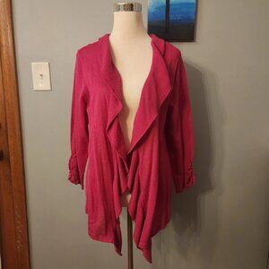 Chico's 2 Hot Pink Ruffle Front Open Cardigan Sweater Cotton Blend Tight Knit